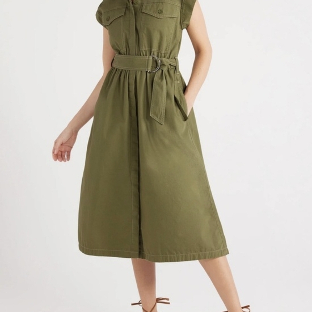 Sleeveless Olive Midi Utility Dress with D-Ring Waist Belt